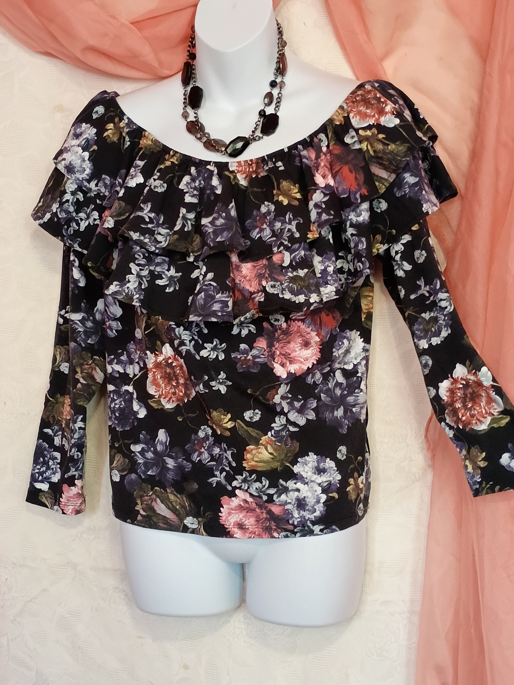 H&M Ladies Black Floral Off-Shoulder Ruffle Blouse Sz XL